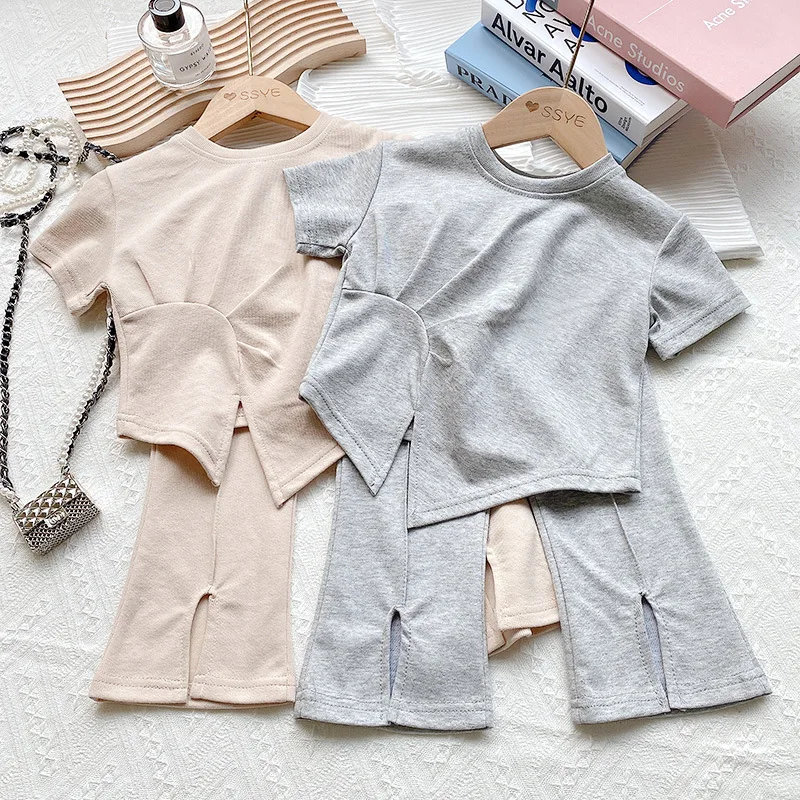 

Летний хлопковый комплект для девочек, детская однотонная Домашняя одежда с длинным рукавом, осенние модные пижамные комплекты для девочек