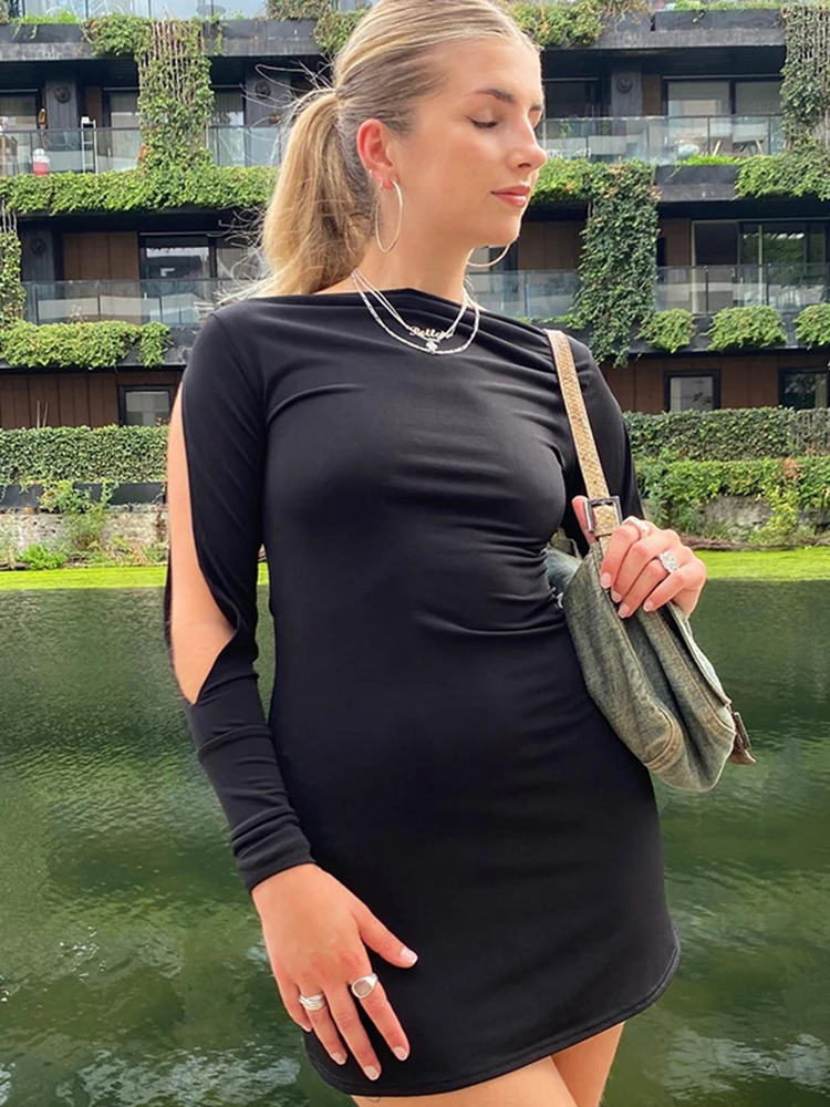 

Macheda Solid Basic Women Dress Autumn Winter Sexy Slim Slash Neck Hollow Out Long Sleeve Mini Dresses for Women 2022 Fashion