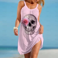 womens dress beach party dresses skull flower woman sexy summer 3d digital printing 2022 boho gothic sleeveless sling top s 6xl