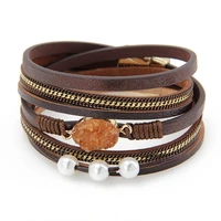 wholesale hot magnetic titanium alloy leather rope woven pearl gravel womens bracelet bangle accessories fashion jewelry