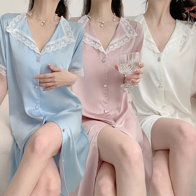 

2023 летние шелковые атласные сексуальные ночные рубашки с коротким рукавом для женщин Корейская Милая кружевная ночная рубашка домашняя Ночная сорочка