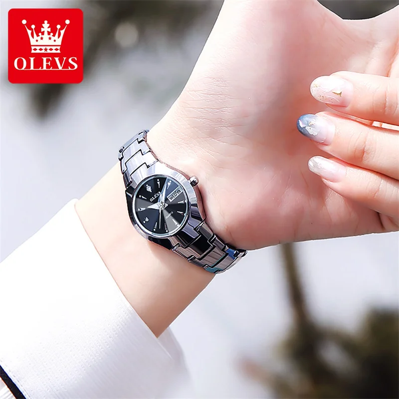 OLEVS 2023 New Fashion Tungsten Steel Silver Women Watches Luminous Hands Waterproof Quartz Watch with Week Calendar Women Watch