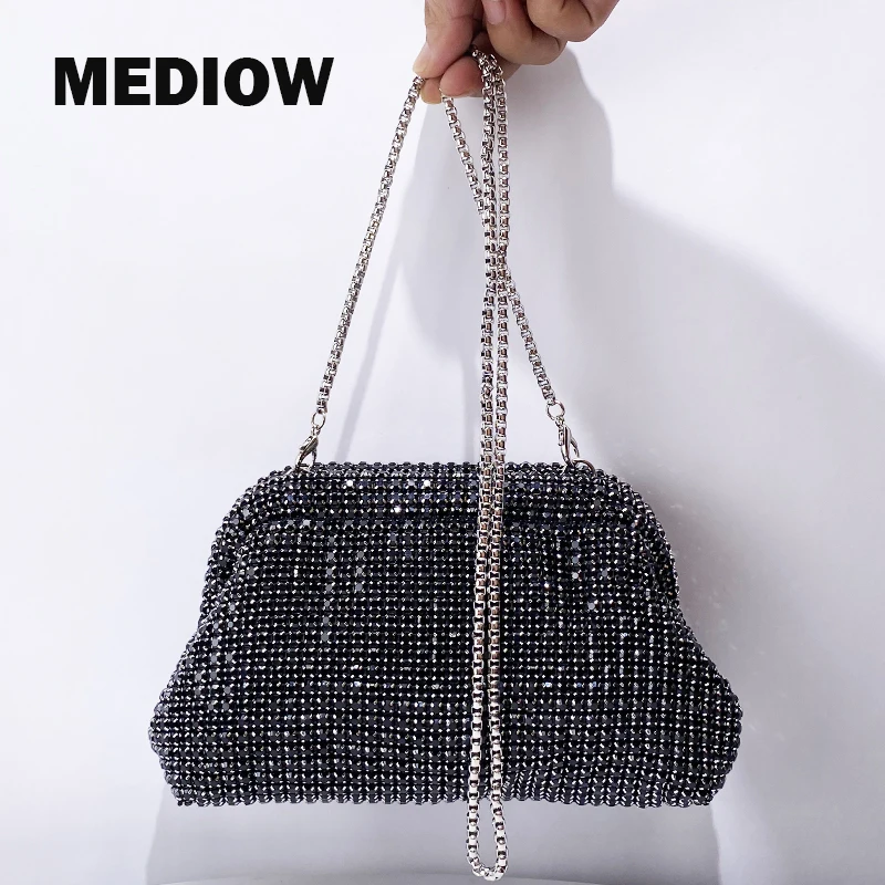 MEDIOW Clip Clutch Evening Bags For Women Luxury Designer Handbag Purse 2024 New In Shiny Imitation Diamond Chain Strap Shoulder