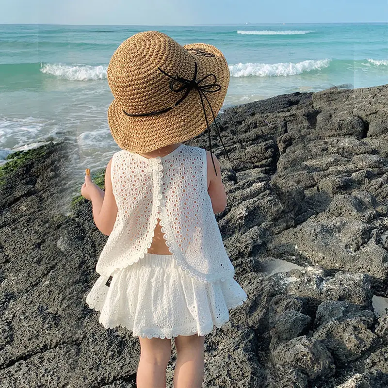 

2023 New Summer Kid Clothes Baby Girl Clothing Sets Hollow Lace Suit Baby Casual Sleeveless T-shirt+Shorts Kids Clothing Outfits