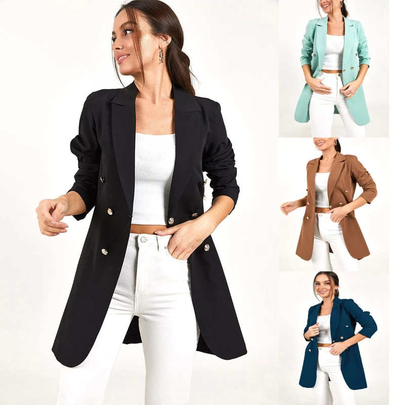 

Women Chic Office Lady Double Breasted Blazer Vintage Coat Fashion Notched Collar Medium Length Ladies Outerwear Stylish Tops