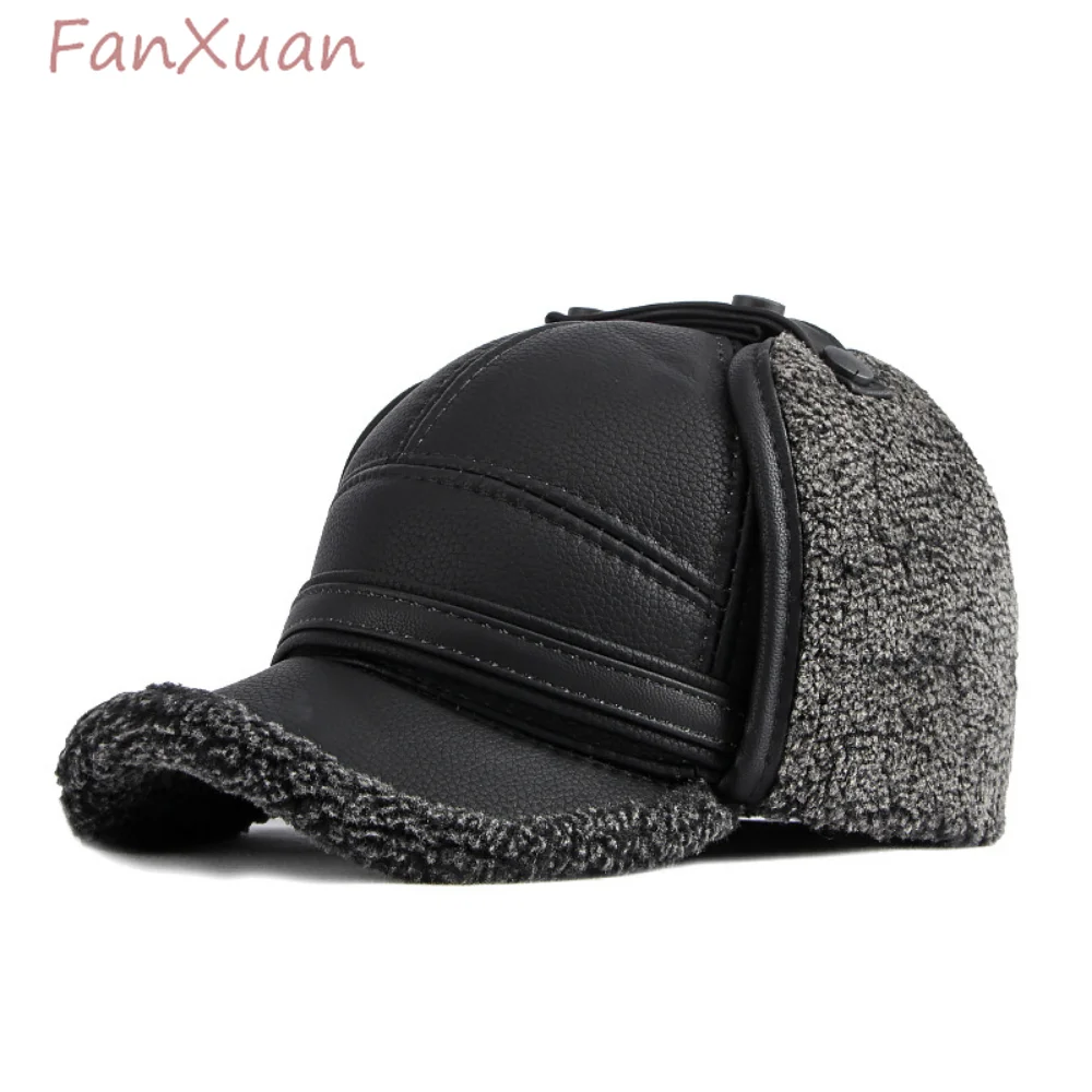 Winter Cap with Ears Flaps for Man 2022 Faux Leather Plush Baseball Cap for Man Bomber Hats for Dad Extra Large Winter Hat