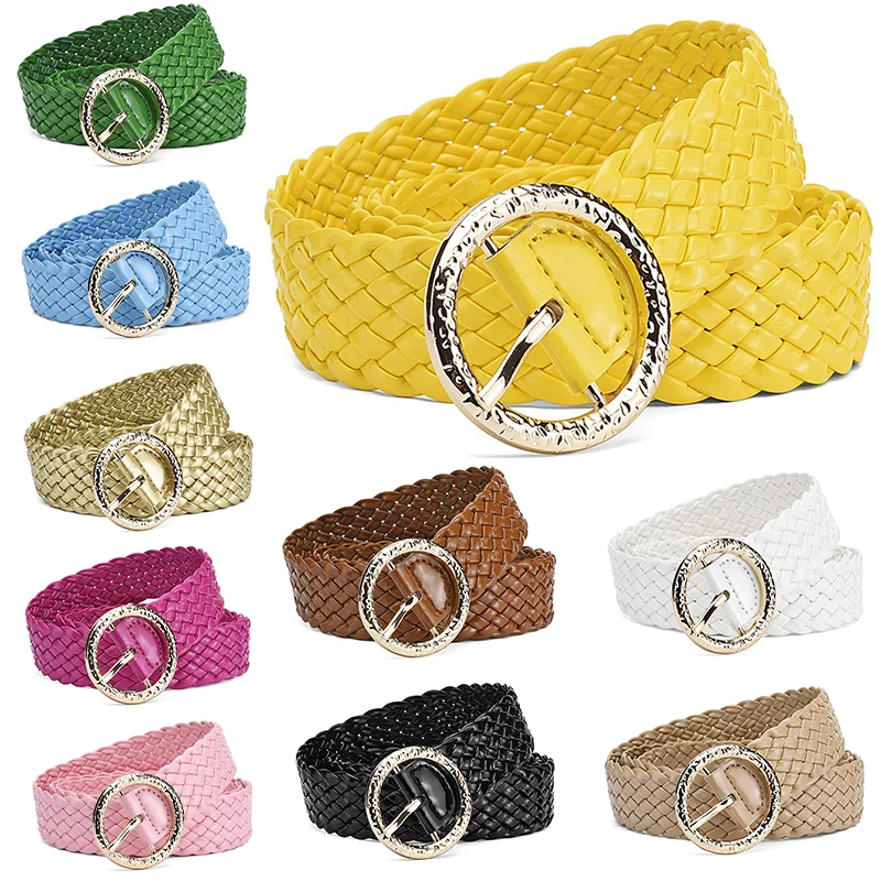New Fashion Women Braided Bright Colors Belts Circular Gold Buckle Ladies Waist Ornament No Holes All Matching