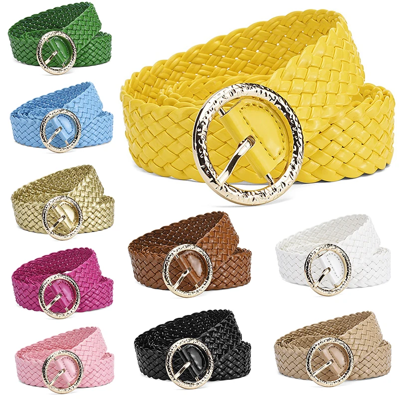 

New Fashion Women Braided Bright Colors Belts Circular Gold Buckle Ladies Waist Ornament No Holes All Matching
