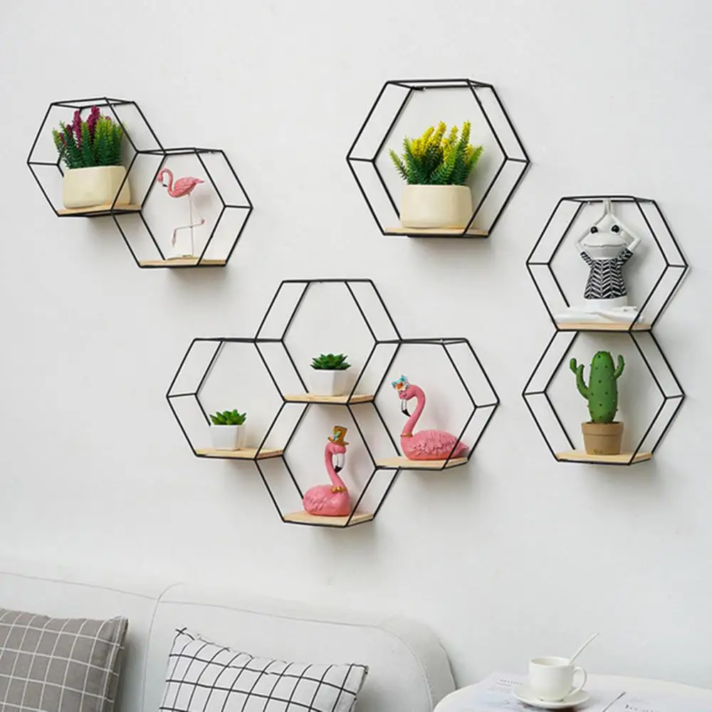 Wooden Board Metal Framed Storage Holder Rack Nordic Wall Mounted Floating Hexagon Shelf Geometric Frame Stand Rack Home Decor