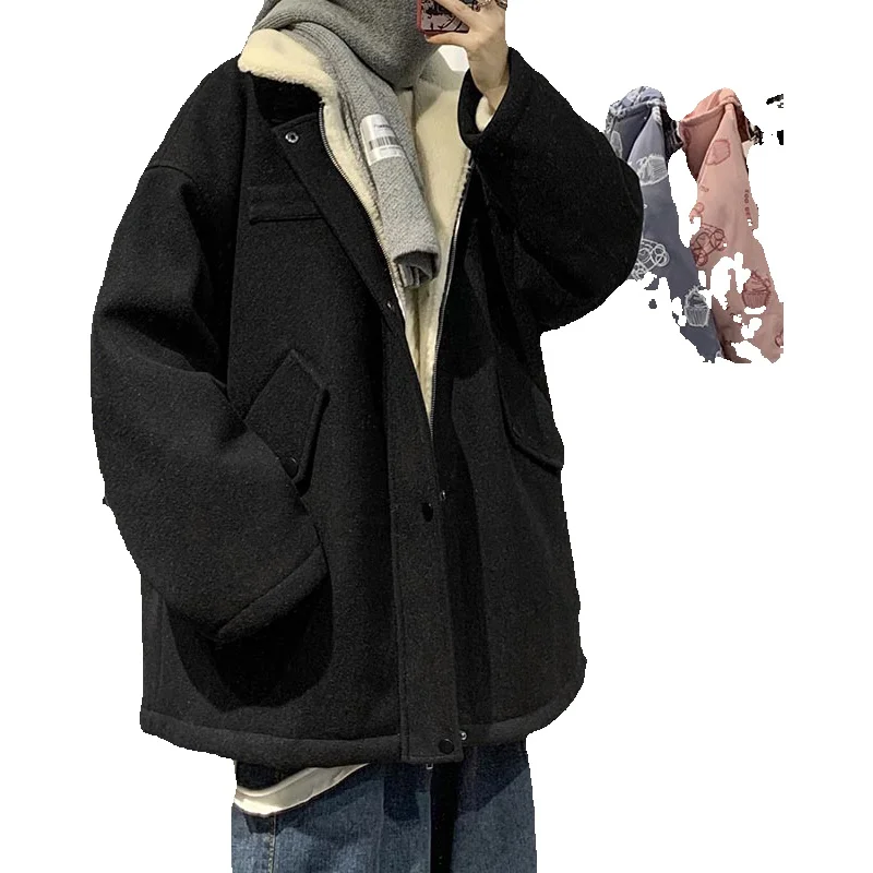Winter Thick Woolen Coat Men Warm Fashion Oversized Short Woolen Coat Men Korean Loose Thickened Lamb Wool Jacket Mens Overcoat