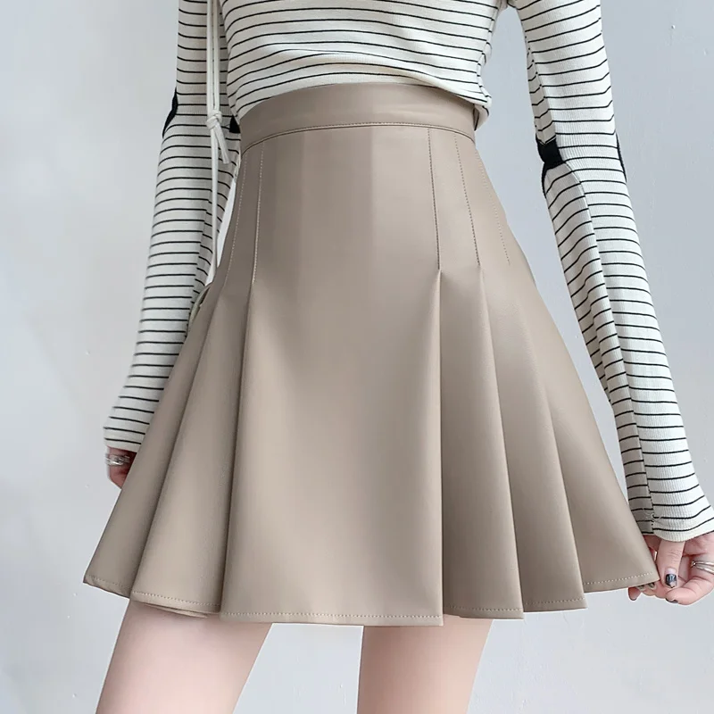 Khaki Autumn Winter Casual PU Pleated Skirt For Women 2023 High Waist Sexy Club Lady Leather Mini Skirt