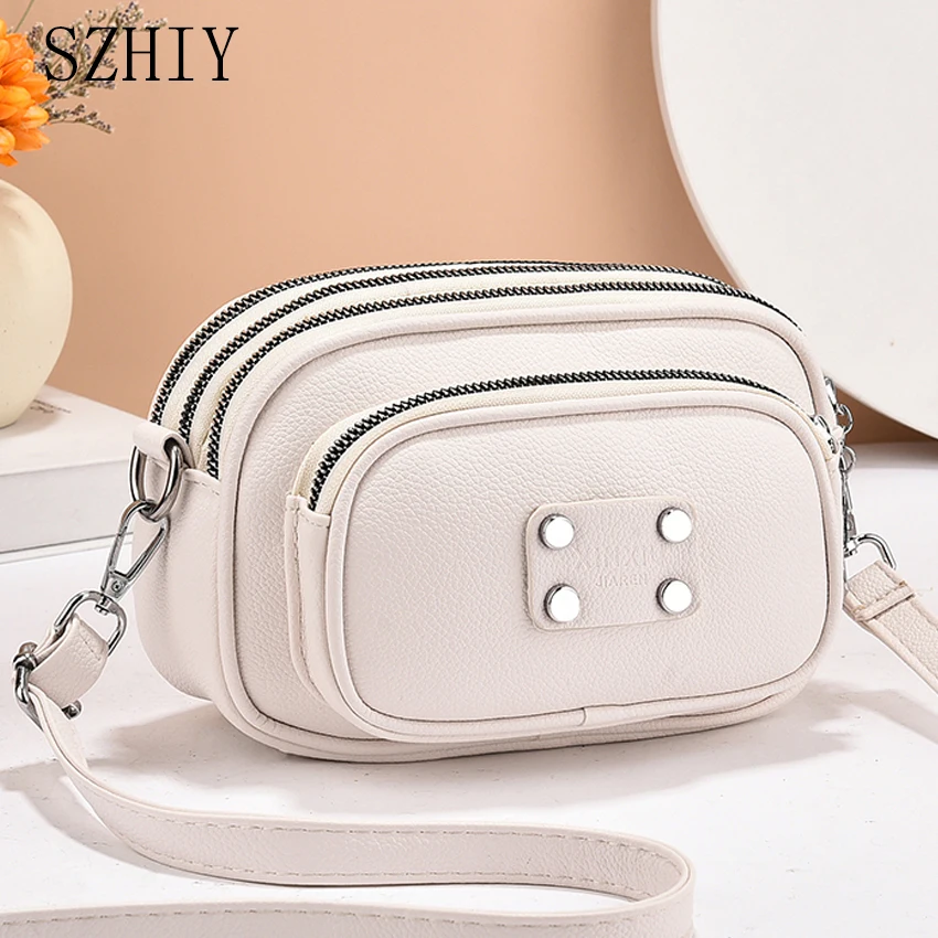 

Four Layer Open Rivet Shoulder Bag for Women High-quality Leather Diagonal Cross Pocket Luxury Designer Small Mobile Phone Bag