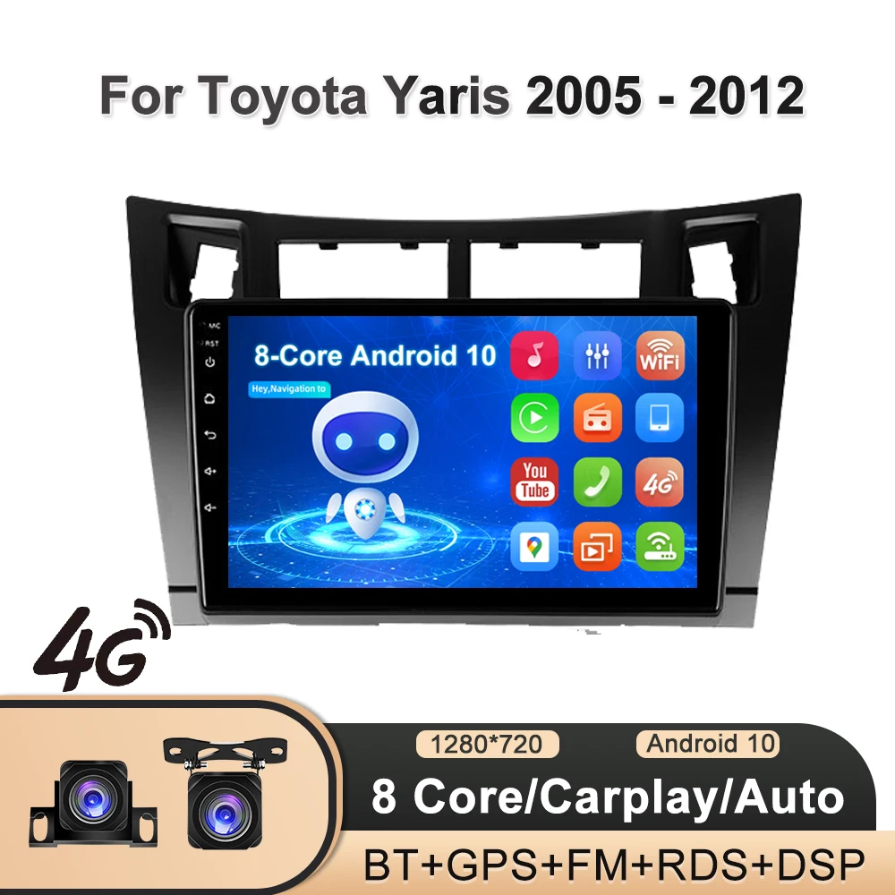 

PEERCE 4G+64G 2 Din Carplay Car Multimedia Player for Toyota Yaris 2007 Radio Fascia Car Radio 2005 - 2012 Android GPS Navigator