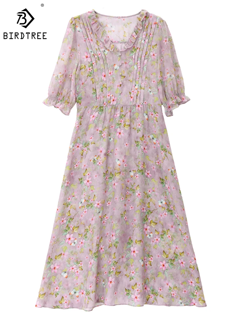 

Birdtree 16MM Crepe De Chine 100% Mulberry Silk Dress Layered Waist V-neck Half Sleeve Print Elegant Midi Skirt Women D39705QD
