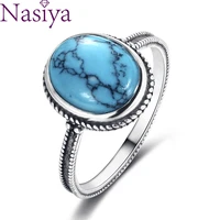 silver color ring oval 810mm natural turquoise vintage ring female party anniversary gift wholesale