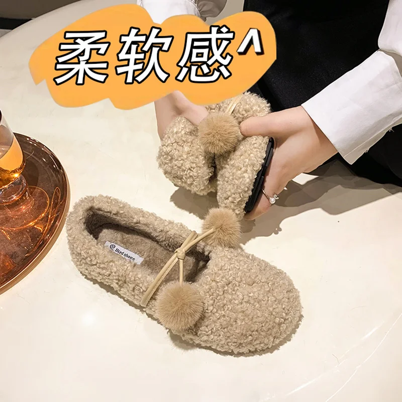 

Туфли женские с круглым носком, меховые мягкие повседневные кроссовки, базовая однотонная ткань, Мокасины с закрытым носком, L осень-зима