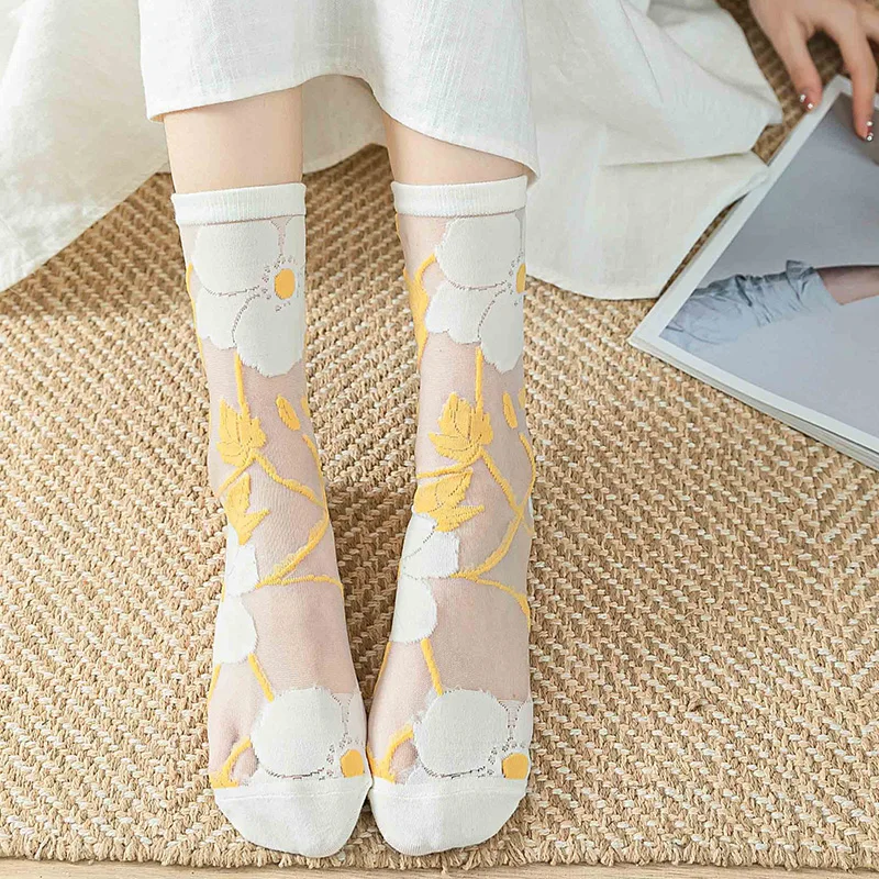 Ultra-thin Transparent Crystal Silk Socks Women Fashion Summer Harajuku Fresh Socks Retro Flower Streetwear Elastic Long Socks