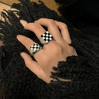 vintage checkerboard black white resin love heart opening ring retro square wide ring fashion jewelry girls birthday gifts