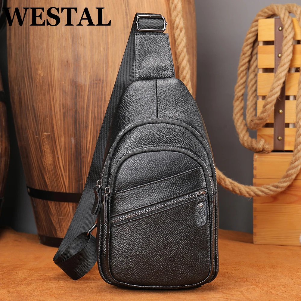 WESTAL Leather Sling Bag Men's Side Bags Casual Sport Chest Pack Genuine Leather Shoulder Bags Black Travel Chest Bag 1808