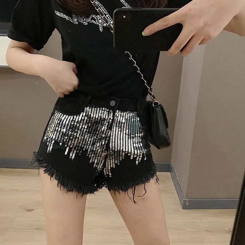 2023 Summer New Solid Color Zipper Buttons Wide Leg Trousers Women Embroidered Sequi Flash Hot Pants Korean Style Sexy Shorts