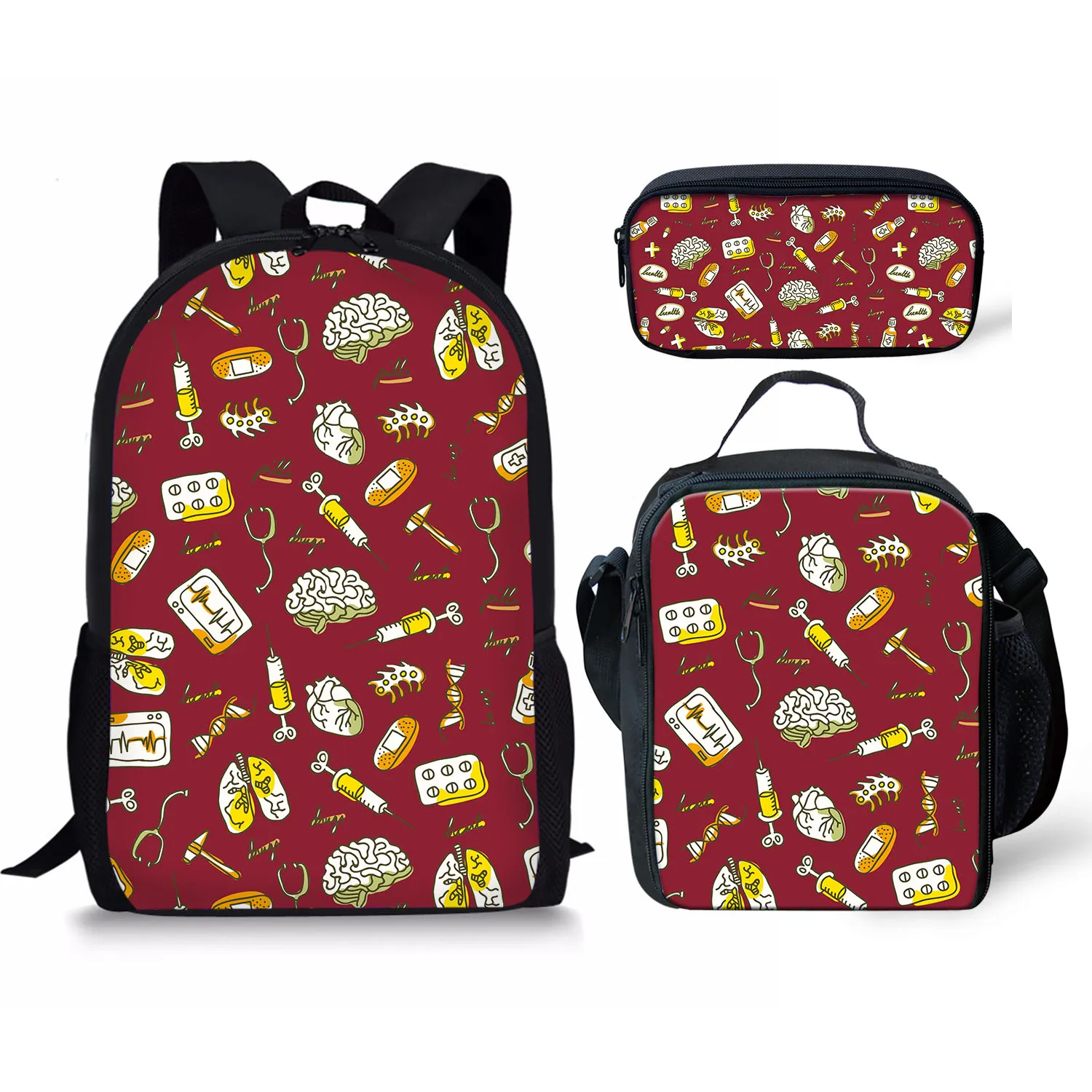 Nurse Topic Printing Pattern School Backpacks & Pencil Bag & Lunch Bag Personalized Kids Daypack New Design Rucksack for Teenage