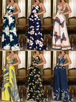 2022 spring and summer new womens fashion sexy jumpsuit printed v neck suspenders high waist wide leg jumpsuit