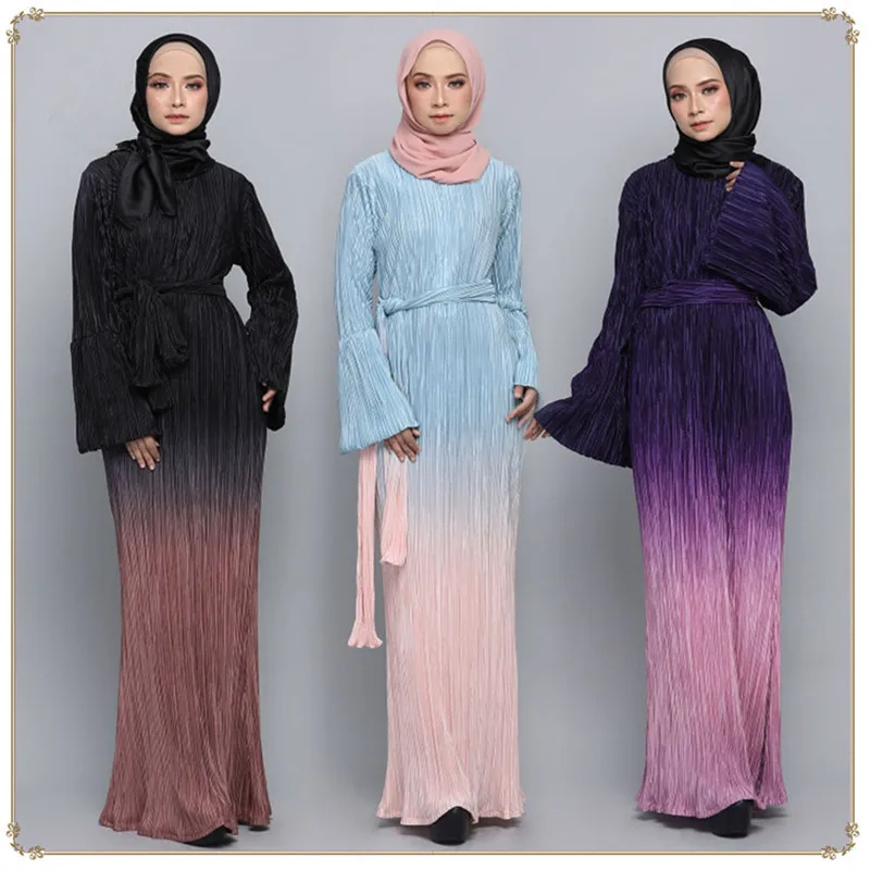 Женское длинное зимнее платье, модное Плиссированное мусульманское платье-хиджаб с градиентом, Abaya, Турция, Jalabiya, платье, мусульманский маро...