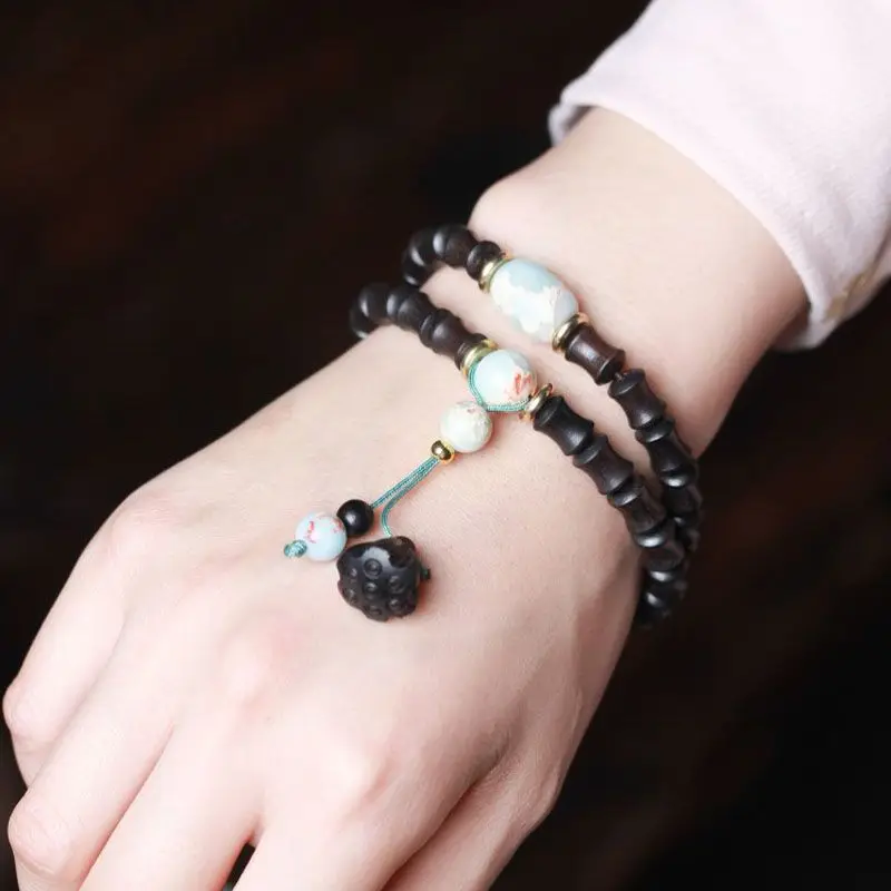 Natural Ebony Buddha Beads with Purple Light Bamboo Beads and Lotus Flower Bracelet for Men and Women Meditation Ornament