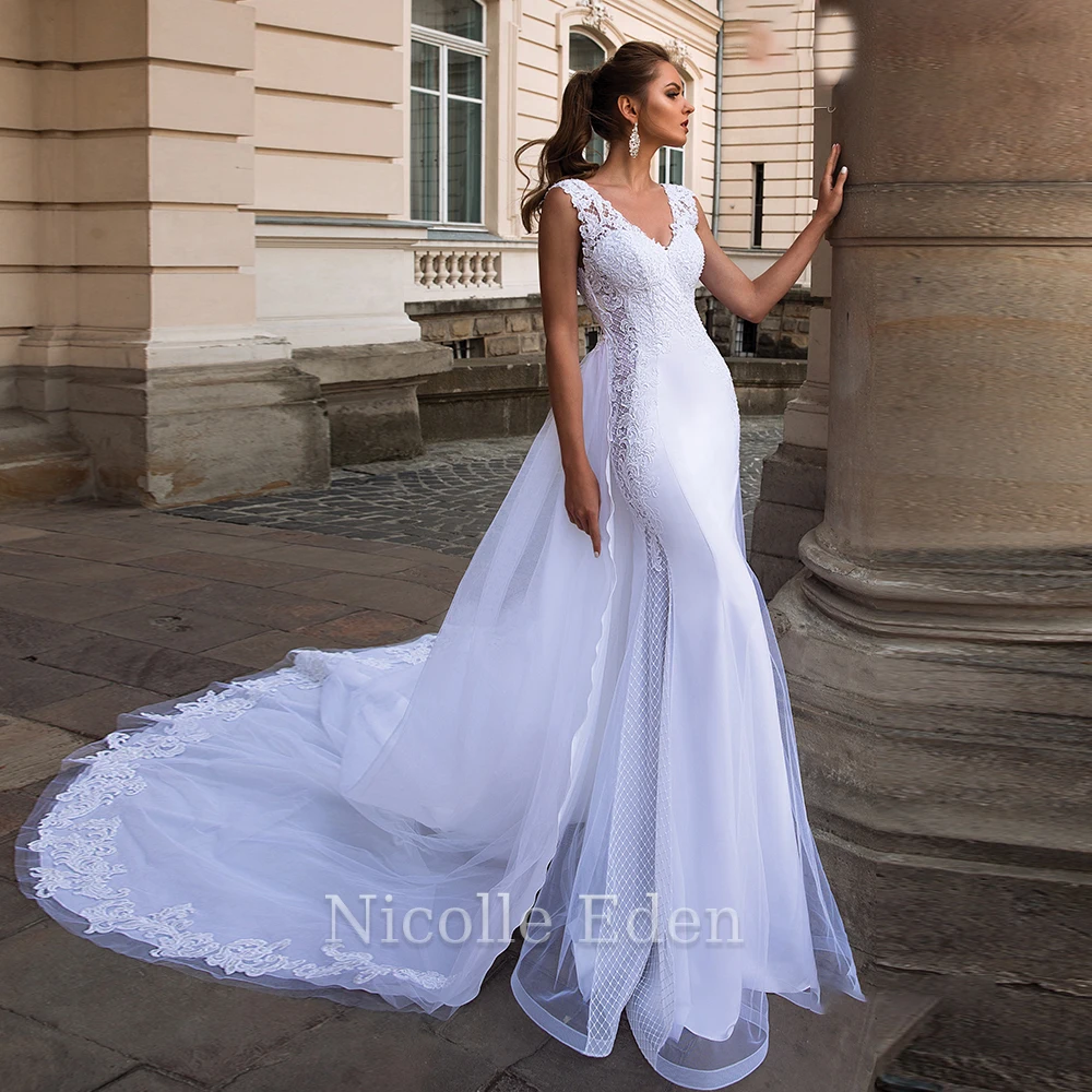 

Nicolle Eden Boho Mermaid Wedding Dresses Lace Appliques V-Neck Backless Formal Bride Gown Vestido De Casamento Custom Made