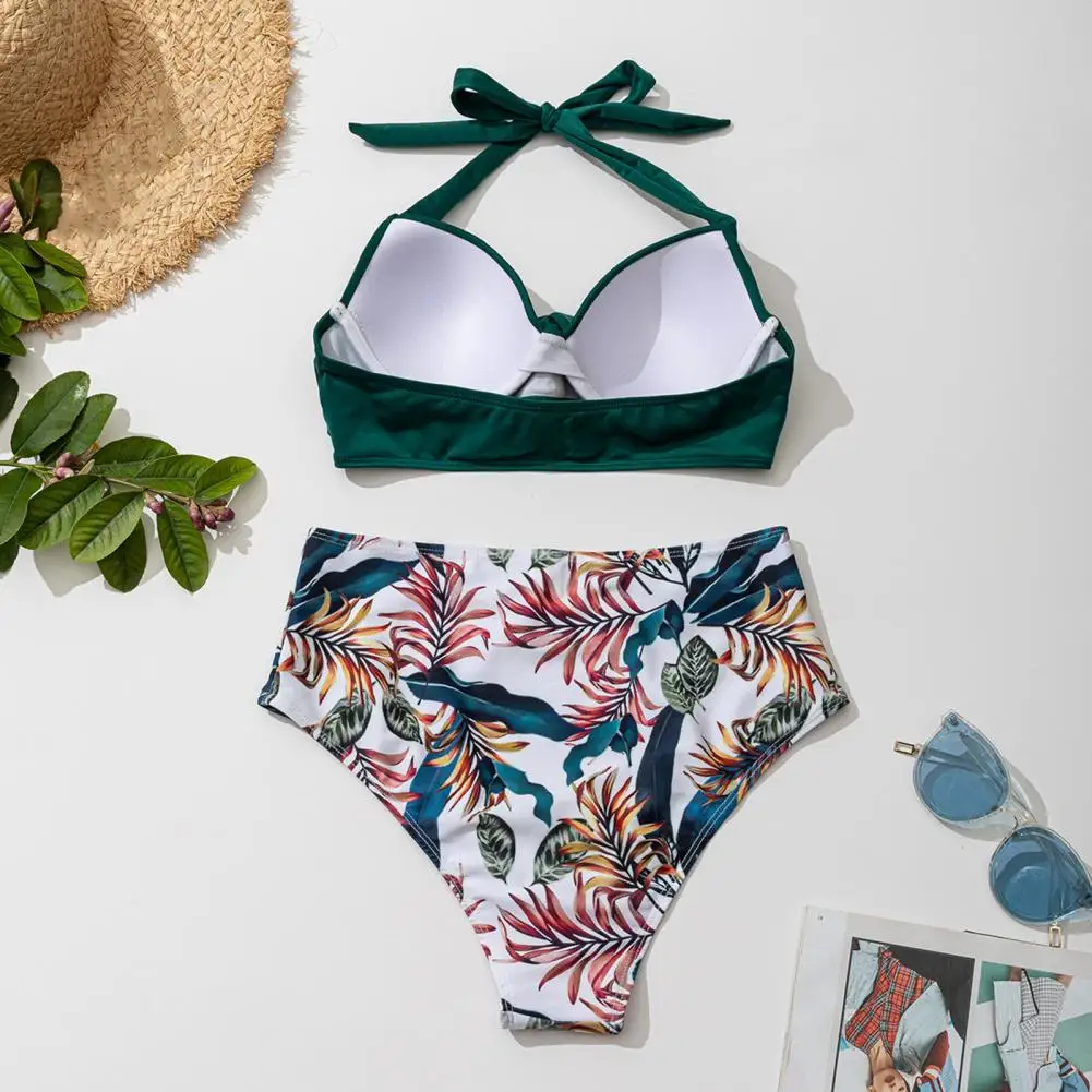 Комплект бикини женский однотонный с лямкой на шее и принтом листьев