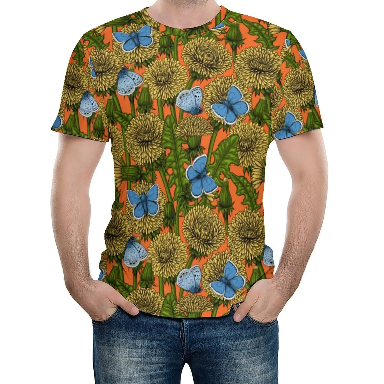 

Blue Butterfly Print T-Shirt Man Dandelion Meadow Funny T Shirts Summer Harajuku Tee Shirt Short Sleeve Trendy Big Size Clothing