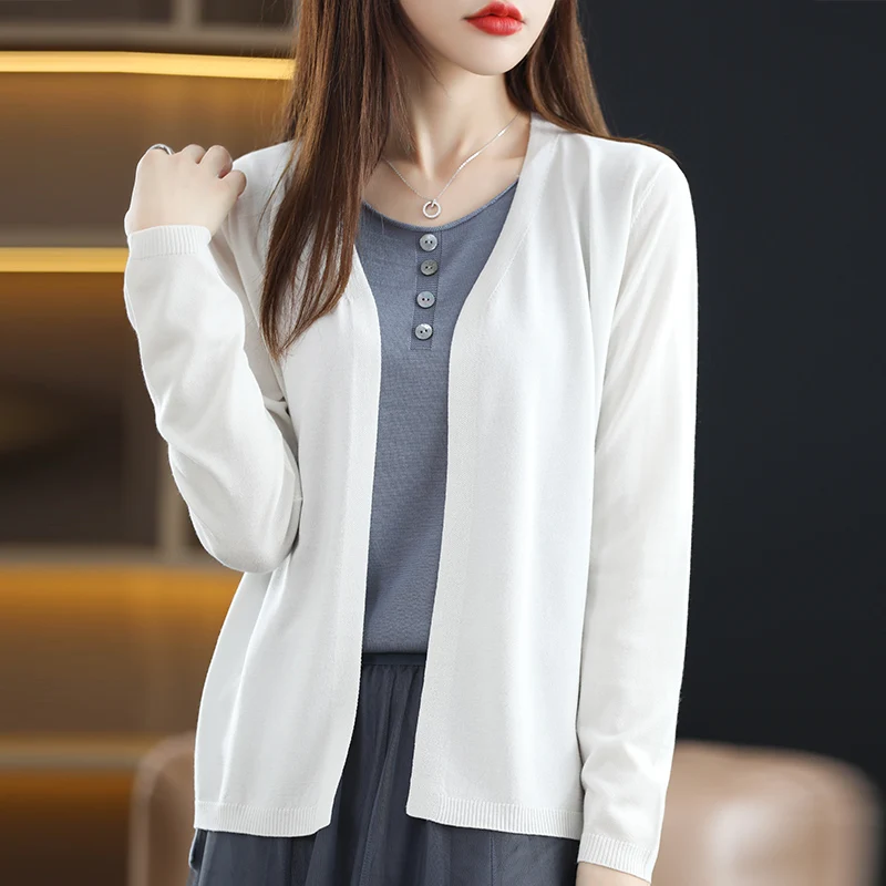 

2022 Hot Sale Women Summer Korean Loose Ice Thin Cardigan Coat Tops Women's Fashion V-Neck Long Sleeve Knitted Tops Beach White