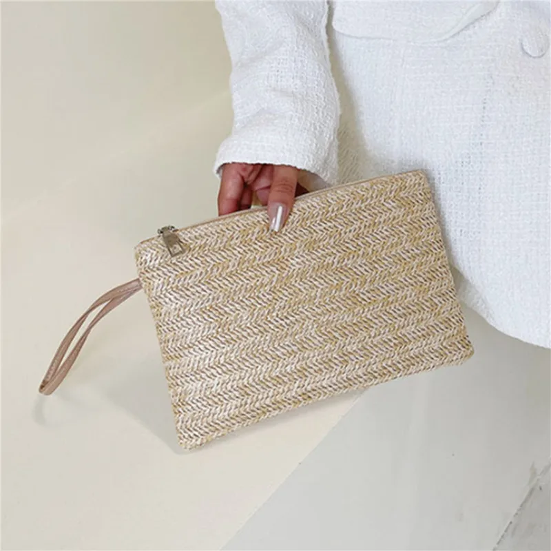 

Weaving Bag Fashion Ladies Wristlet Clutch Women Daily Money Phone Clutch Solid Straw Woven Coin Purse Beach Wallet Card Bag