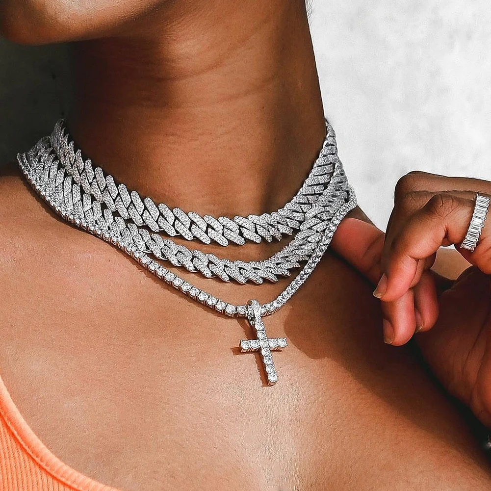 

Women Bling Rhinestone Cross Pendant Tennis Chain Necklaces With 14MM Cuban Chain Choker Necklace Iced Out Chain Hip Hop Jewelry
