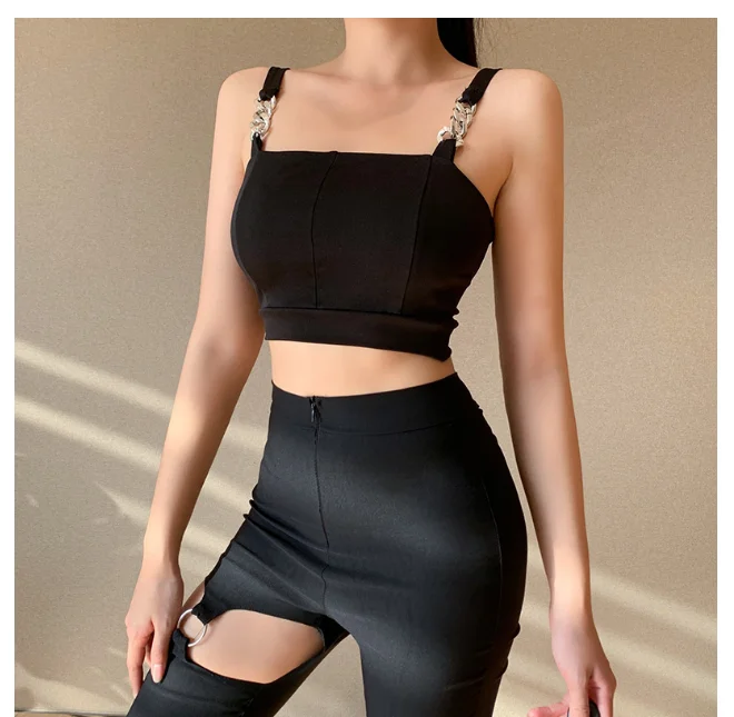 

Metal Chain Straps Sexy Cropped Tank Top Women 2020 Streetwear Club Crop Top Summer Vest Fashion Black Tops
