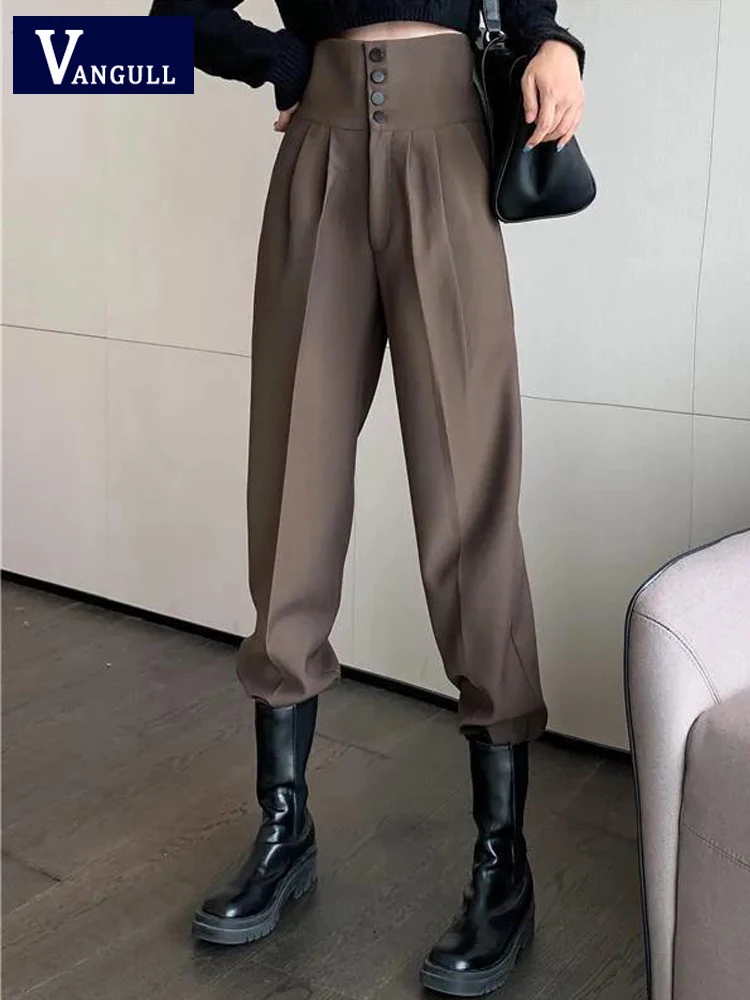 

Vangull Summer Khaki Cargo Pants Women High Waist Tie Feet Pants Female Solid Loose Pocket Office Lady Simple Zipper Trousers