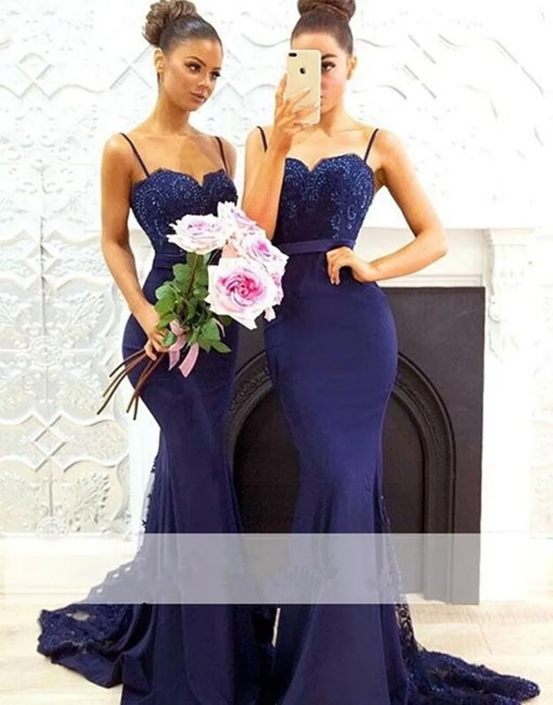 

ANGELSBRIDEP Navy Blue Mermaid Bridesmaid Dresses Long Chiffon Applique Beading Formal Wedding Guest Party Gowns Court Train