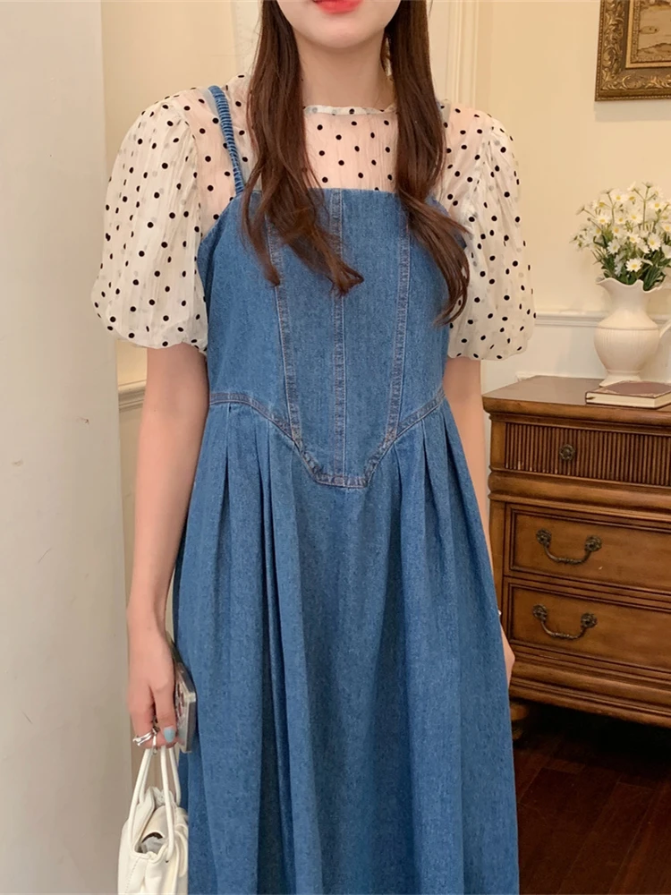 

Summer Dress Suits for Women Two Piece Set Short Sleeve Polka Dot Top + Denim Strap Dress Vintage Ensemble Femme 2 Piece Outfits