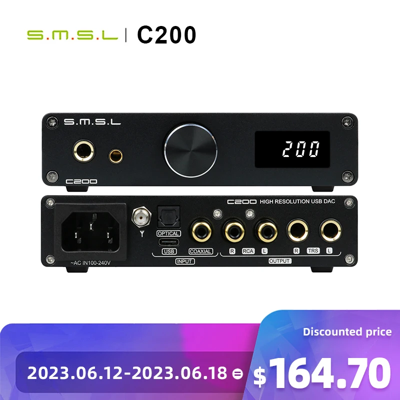 SMSL C200 USB DAC ES9038Q2M Headphone Amp OPA1612A*4 TRS Balanced 4.4mm 6.35mm Output Bluetooth 5.0 HiFi Decoder for PS4 PS5