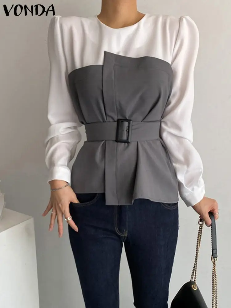 

Women Elegant Blouses 2023 VONDA Vintage Long Sleeve Patchwork Irregualr Tunic Casual Hem Belted Blouse Female Pullover Blusas