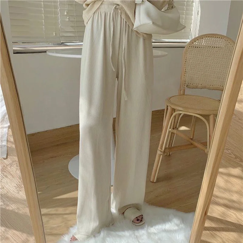 

2023 Autumn Warm Thick Casual Straight Pants Women Winter Female Drawstring Loose Knitted Wide Leg Pants Casual Lace Up Trousers