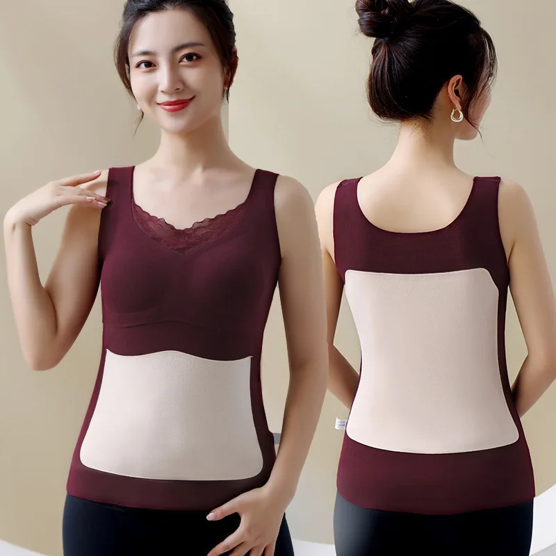 Women's Thermal Underwear Top With Bra Sexy Lace Vest Thermo Lingerie Undershirt Intimate Wirefree Bras Solid Inner Wear