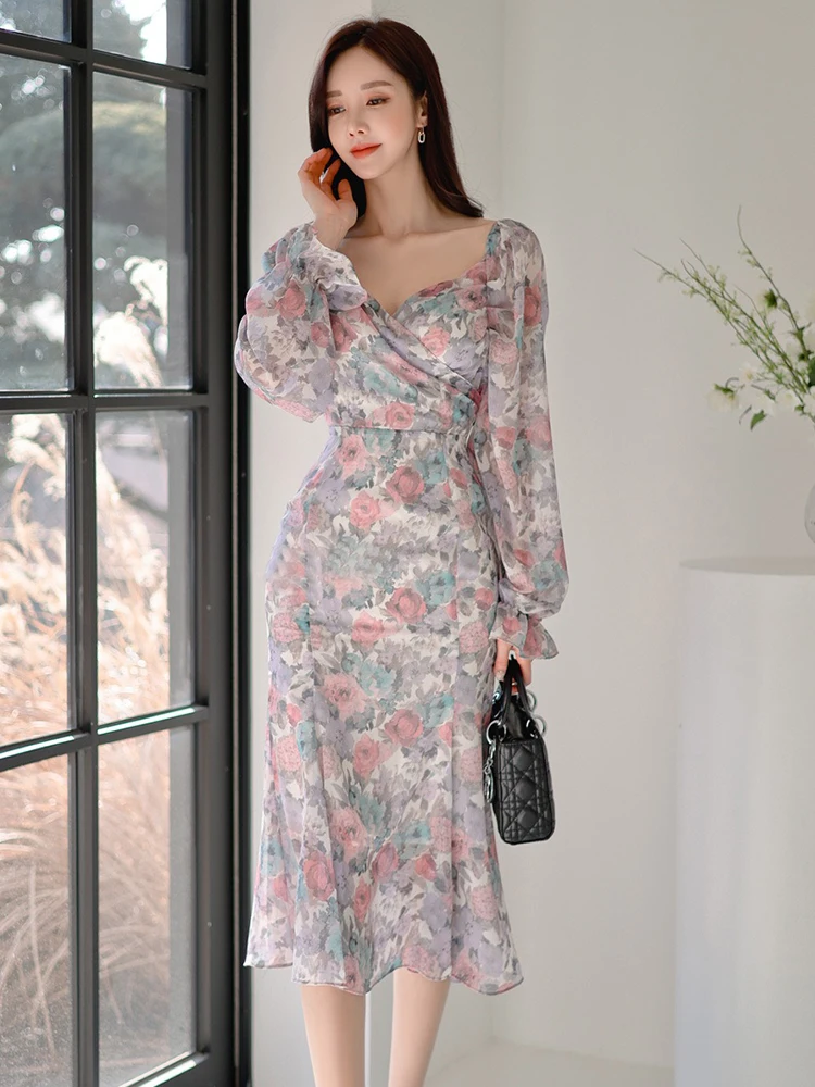 

French Romance Sweet Fairy Elegant Dress Women Deep V Lace-up Mermaid Midi Floral Grace Chiffon Robe Female Prom Gown Vestidos