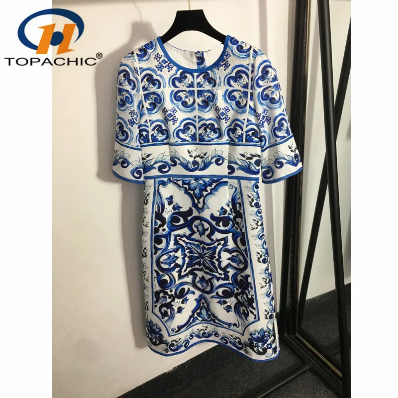 

7.20 High Quality Blue Vintage Print O-Neck Half Collect Waist Temperament A-Line Dress Sleeve