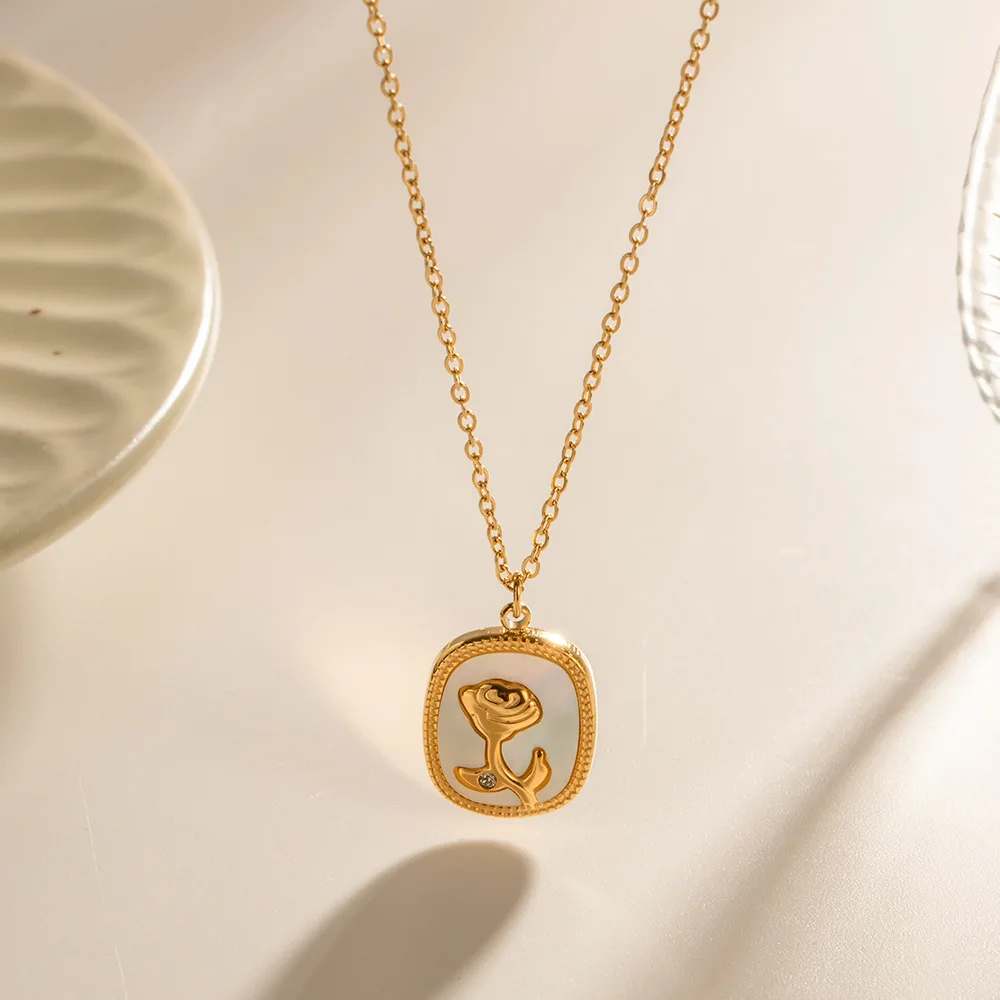 

Stainless Steel White Shell Vintage Rose Pendant Necklace for Women Classic Stylish Charm Jewelry Gift