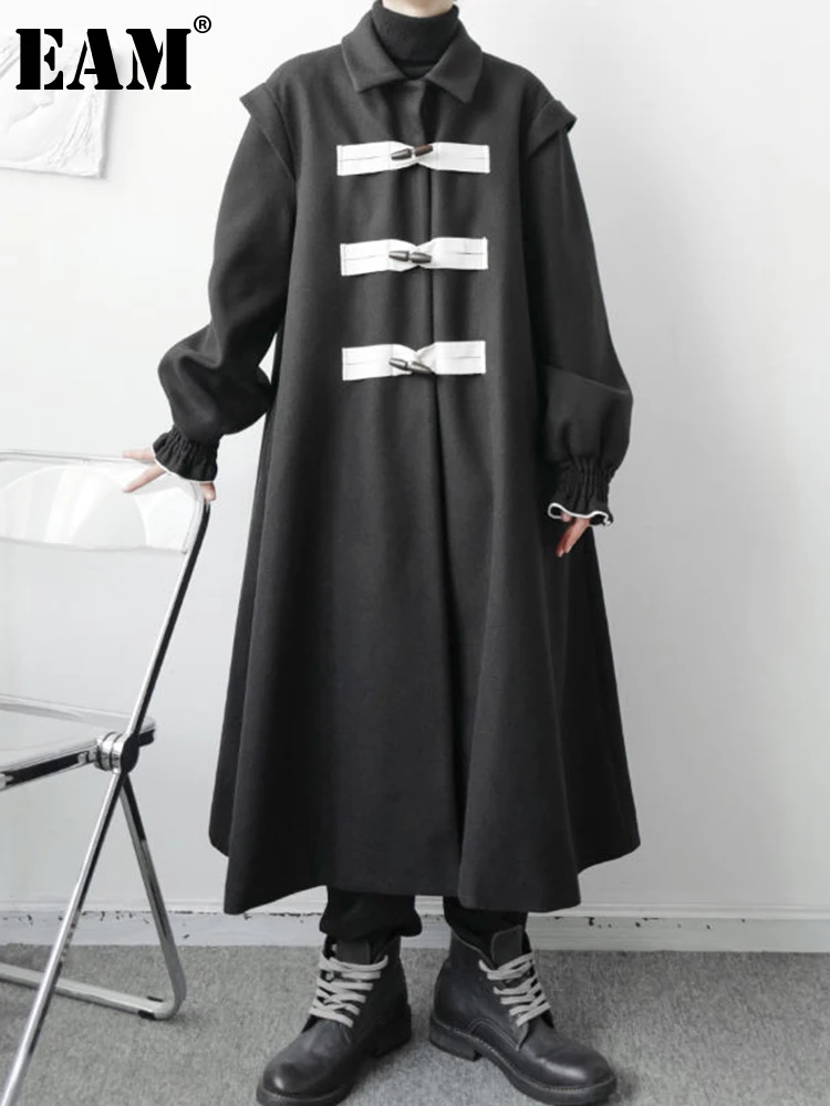 

[EAM] Loose Fit Horn Buckle Big Size Long Woolen Coat Parkas New Long Sleeve Women Fashion Tide Autumn Winter 2023 1DF0915