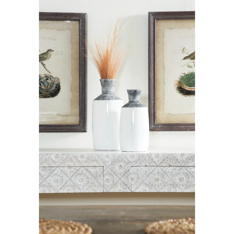 

14", 12"H White Ceramic Vase with Grey , Set of 2