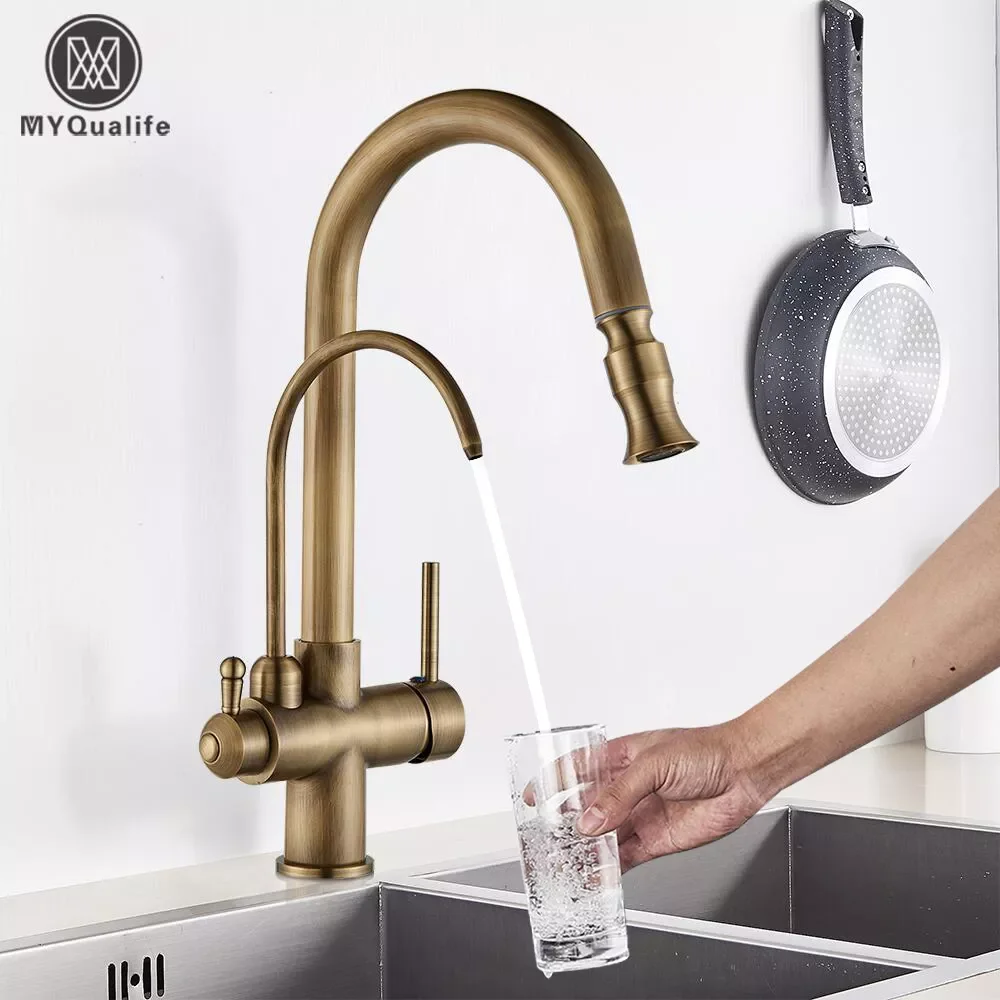 

Antique Brass Water Filter Kitchen Faucet Dual Handle Hot Cold Drinking Water Filter Faucet Pull Out Purification Feature Taps
