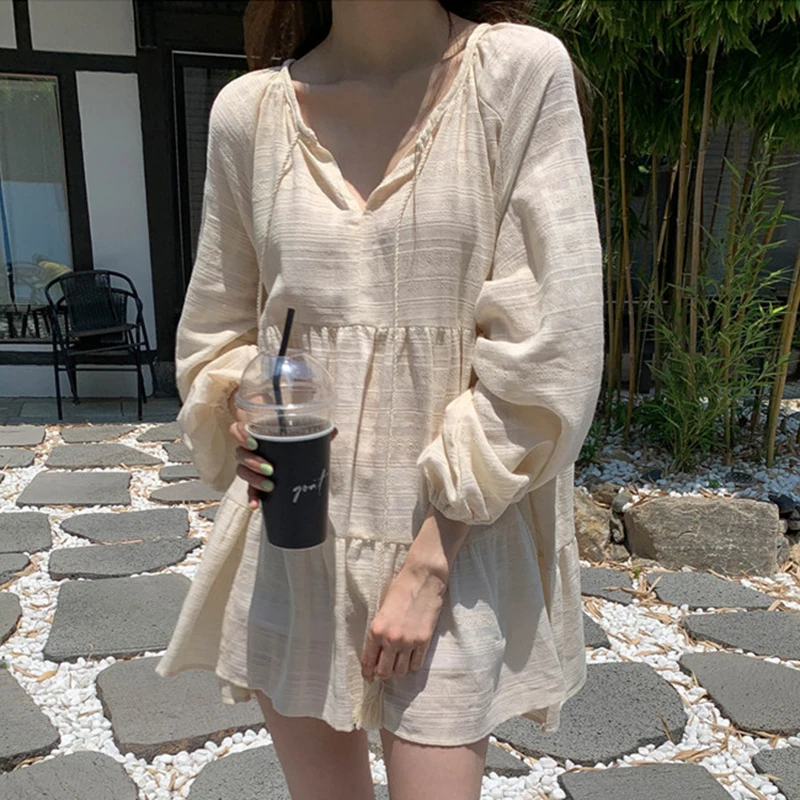 

White Women Loose Fairy Dress Korean Chic Sweet Style V-neck Lacing Jacquard Design Beach Dress Ins 2021 Autumn New Cute Elegant