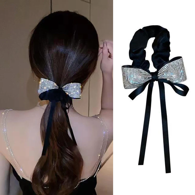 

Rhinestones Bow Scrunchies Shiny Hair Accessories Bows Tassel Hair Rope Ponytail Holder Hair Ties Elastic Hairbands Headwear